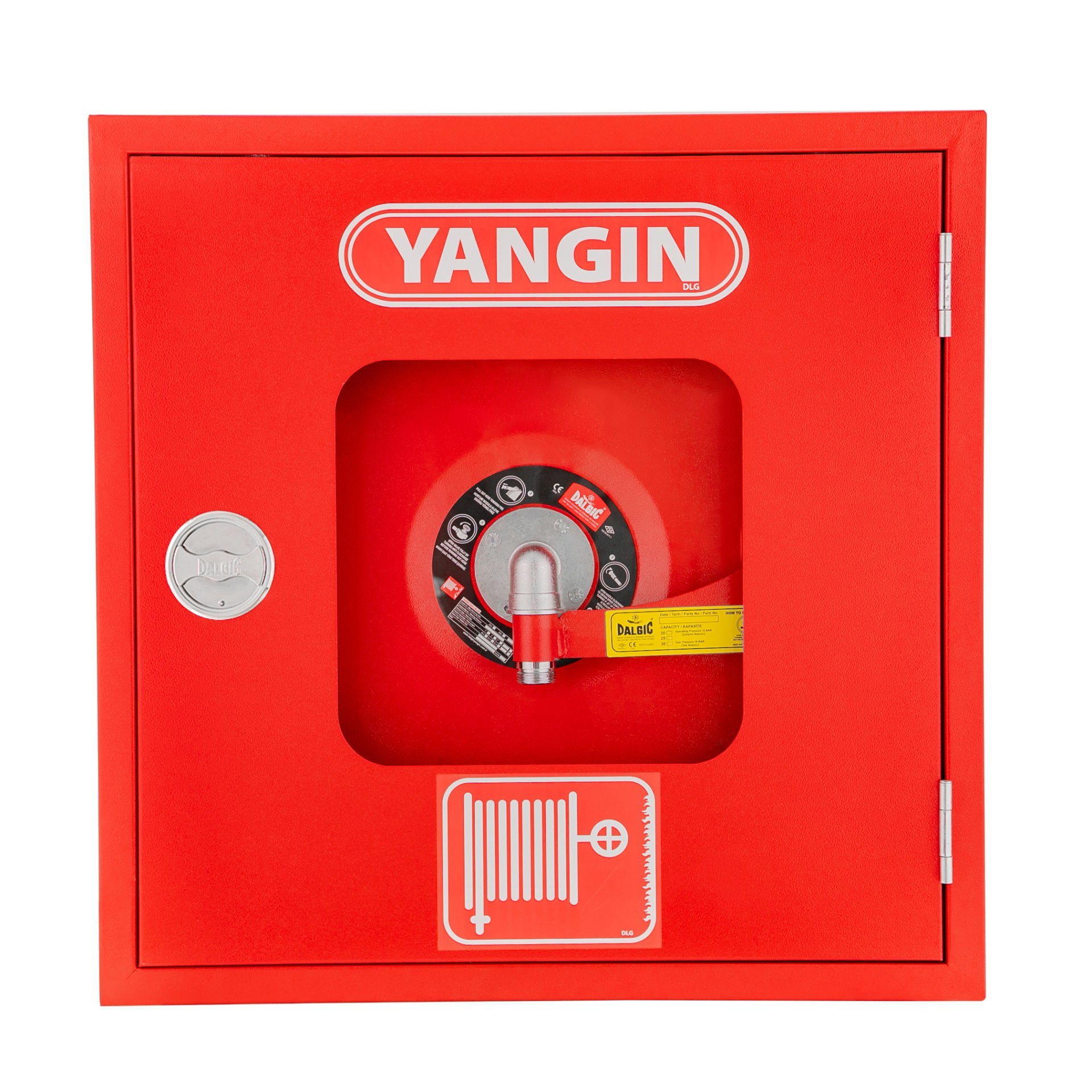 Yangın Dolabı Dalgıç marka 70x70x23 1'' 30 Mt Kauçuk Hortumlu 1” Vanalı Cam Kapaklı Tüp Bölmesiz EN671-1